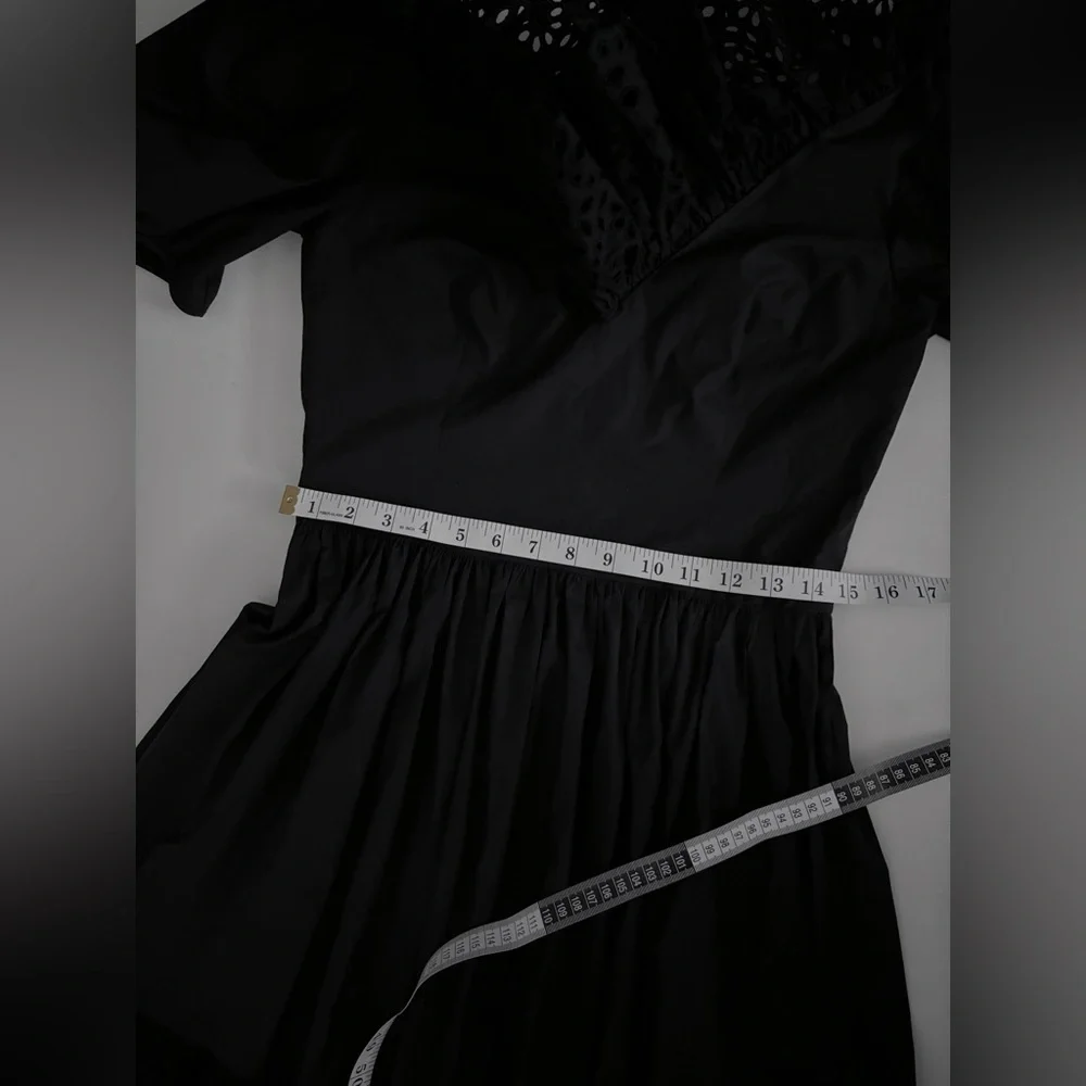 $2K Michael Kors Collection COTTON POPLIN PUFF-SLEEVE EYELET DRESS IN BLACK 6 - Picture 8 of 12